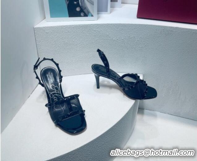 Shop Duplicate Valentino Roman Stud Patent Leather and Mesh Slide Sandals 8cm All Black 112923