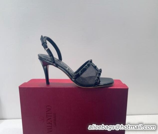 Shop Duplicate Valentino Roman Stud Patent Leather and Mesh Slide Sandals 8cm All Black 112923