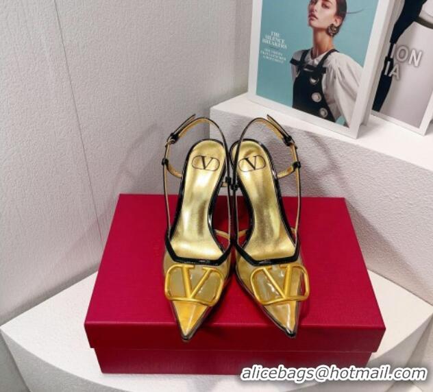 Lowest Price Valentino VLogo Patent Leather and PVC Slingback Pumps 8cm Black/Gold 112927