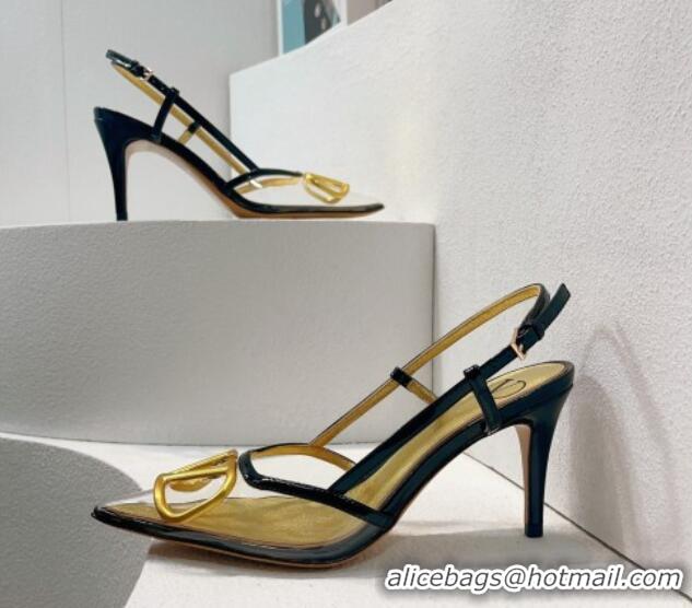 Lowest Price Valentino VLogo Patent Leather and PVC Slingback Pumps 8cm Black/Gold 112927