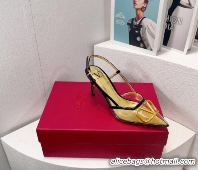 Lowest Price Valentino VLogo Patent Leather and PVC Slingback Pumps 8cm Black/Gold 112927