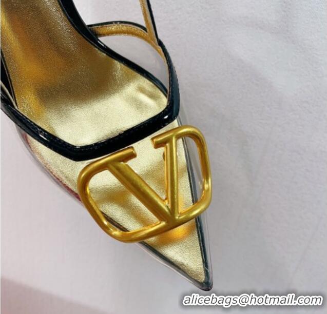 Lowest Price Valentino VLogo Patent Leather and PVC Slingback Pumps 8cm Black/Gold 112927