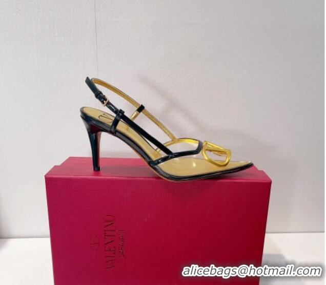 Lowest Price Valentino VLogo Patent Leather and PVC Slingback Pumps 8cm Black/Gold 112927