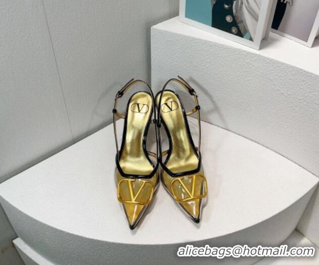 Lowest Price Valentino VLogo Patent Leather and PVC Slingback Pumps 8cm Black/Gold 112927