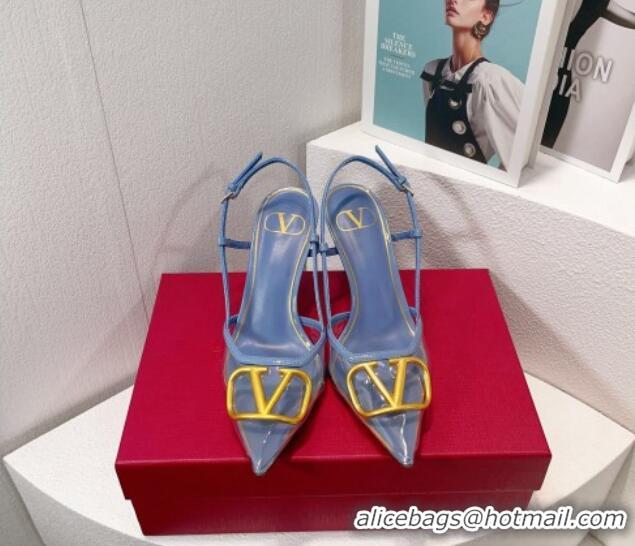 Most Popular Valentino VLogo Patent Leather and PVC Slingback Pumps 8cm Light Blue 112929