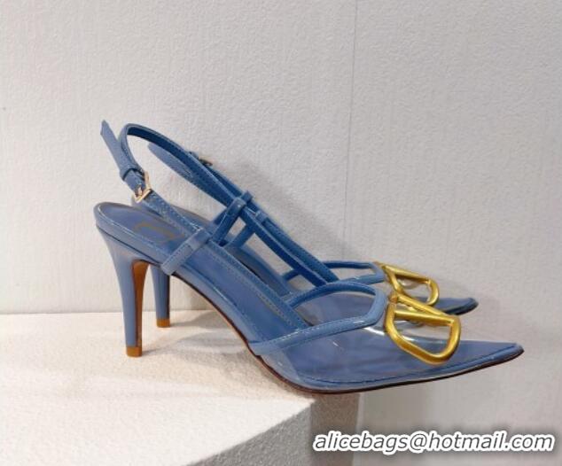 Most Popular Valentino VLogo Patent Leather and PVC Slingback Pumps 8cm Light Blue 112929