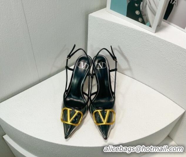 Stylish Valentino VLogo Patent Leather and PVC Slingback Pumps 8cm Dark Green 112935