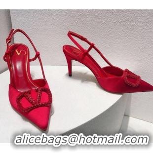 Luxury Valentino VLogo Silk Slingback Pumps 8cm All Red 112936