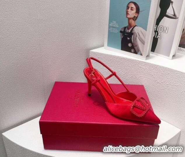 Luxury Valentino VLogo Silk Slingback Pumps 8cm All Red 112936