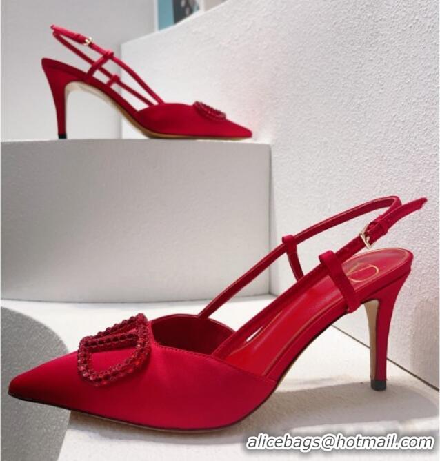 Luxury Valentino VLogo Silk Slingback Pumps 8cm All Red 112936