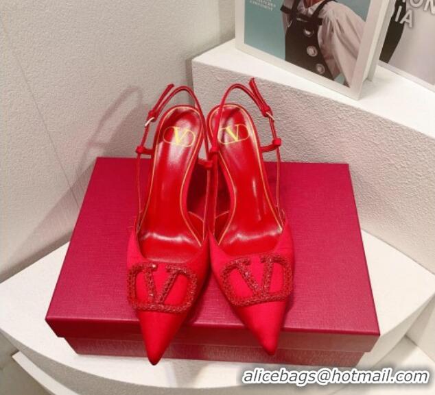 Luxury Valentino VLogo Silk Slingback Pumps 8cm All Red 112936