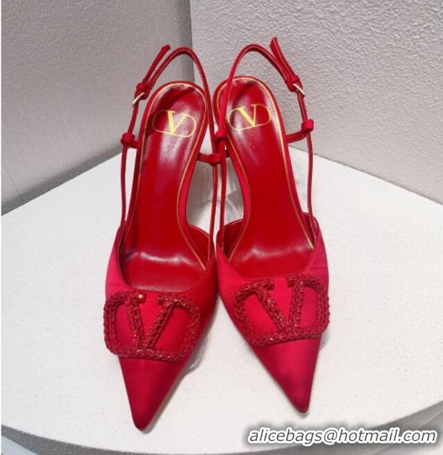 Luxury Valentino VLogo Silk Slingback Pumps 8cm All Red 112936