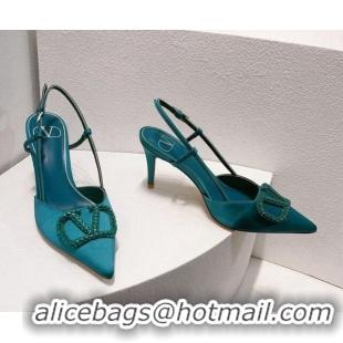 Classic Hot Valentino VLogo Silk Slingback Pumps 8cm Peacock Green 