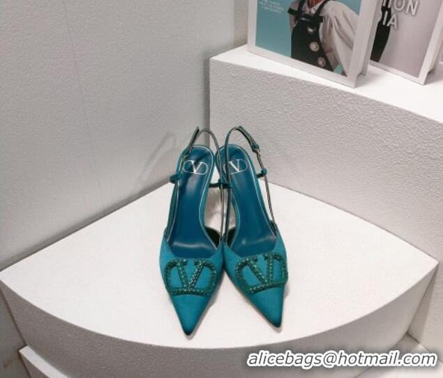 Classic Hot Valentino VLogo Silk Slingback Pumps 8cm Peacock Green 