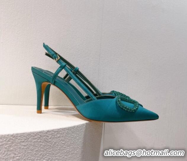 Classic Hot Valentino VLogo Silk Slingback Pumps 8cm Peacock Green 