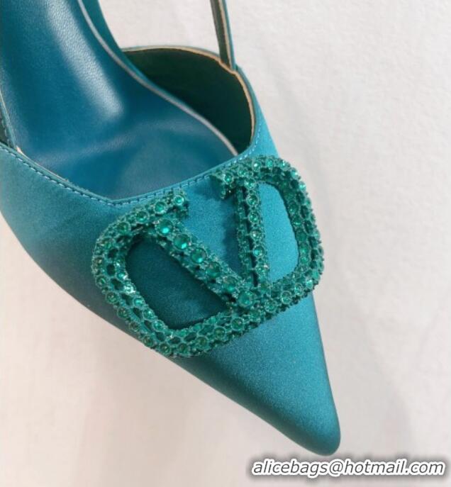 Classic Hot Valentino VLogo Silk Slingback Pumps 8cm Peacock Green 