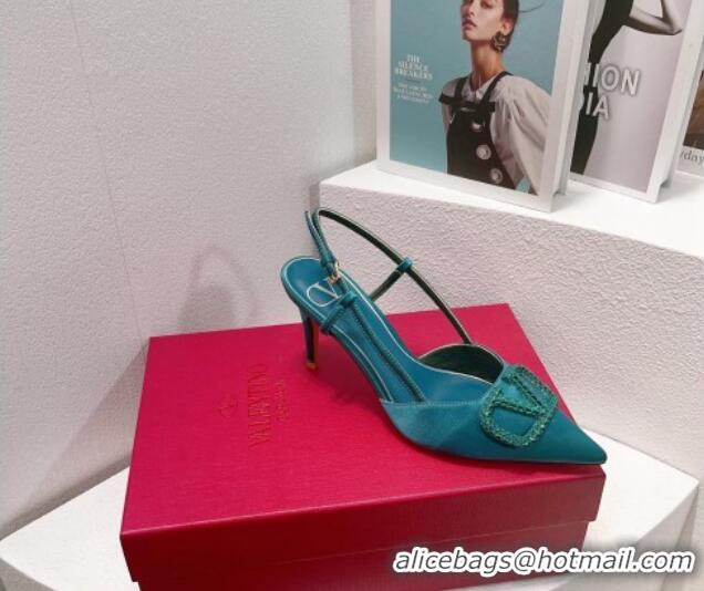 Classic Hot Valentino VLogo Silk Slingback Pumps 8cm Peacock Green 