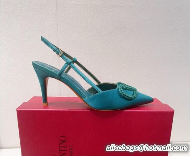 Classic Hot Valentino VLogo Silk Slingback Pumps 8cm Peacock Green 