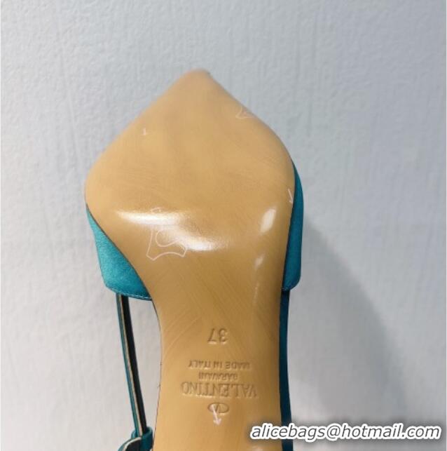 Classic Hot Valentino VLogo Silk Slingback Pumps 8cm Peacock Green 