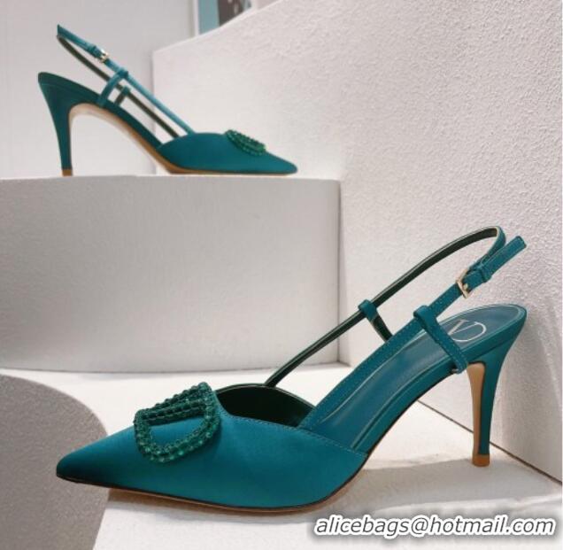 Classic Hot Valentino VLogo Silk Slingback Pumps 8cm Peacock Green 