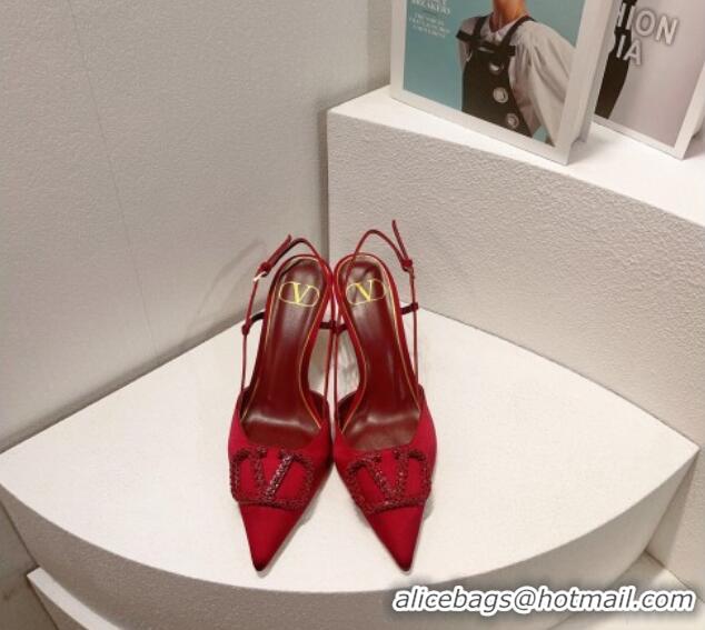 Grade Quality Valentino VLogo Silk Slingback Pumps 8cm Dark Red 112943