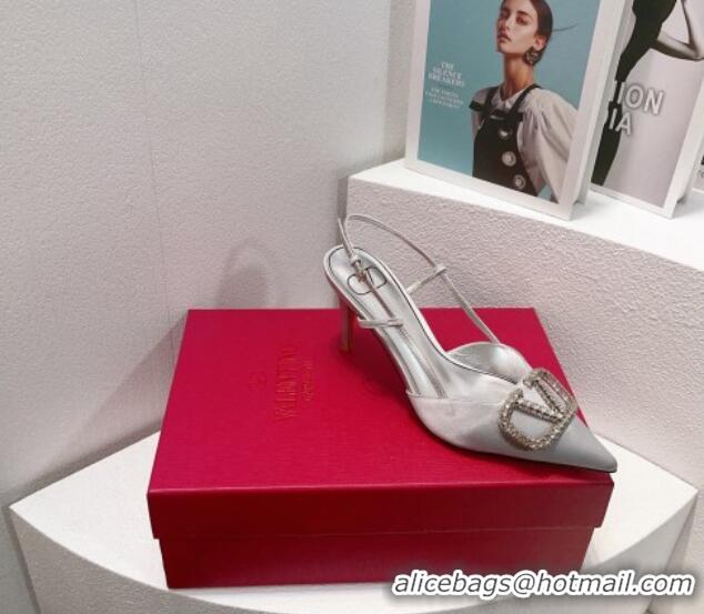 Good Looking Valentino VLogo Silk Slingback Pumps 8cm Silver 112946