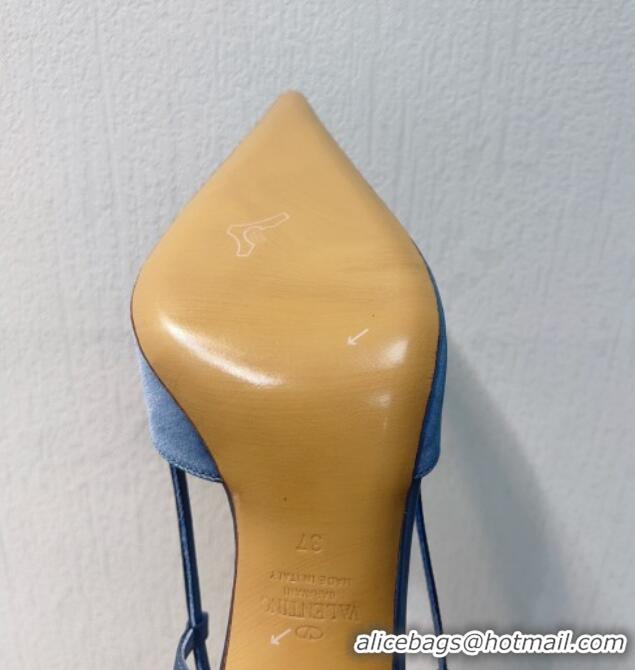 Classic Hot Valentino VLogo Silk Slingback Pumps 8cm Light Blue 112950