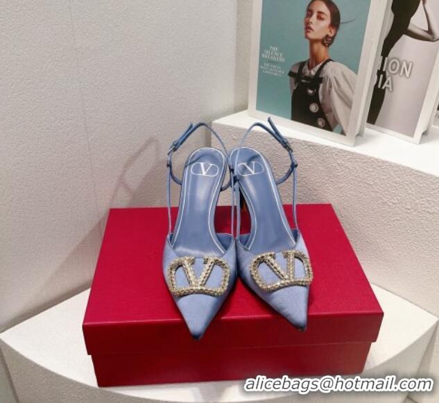 Classic Hot Valentino VLogo Silk Slingback Pumps 8cm Light Blue 112950