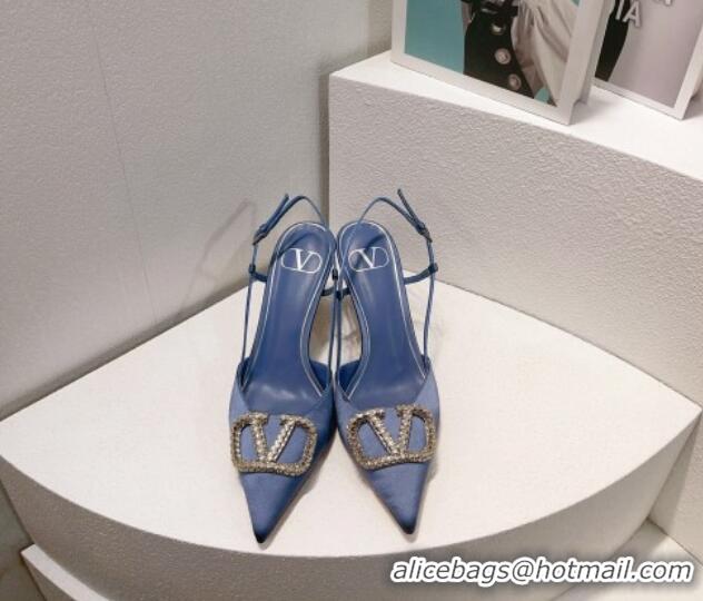 Classic Hot Valentino VLogo Silk Slingback Pumps 8cm Light Blue 112950