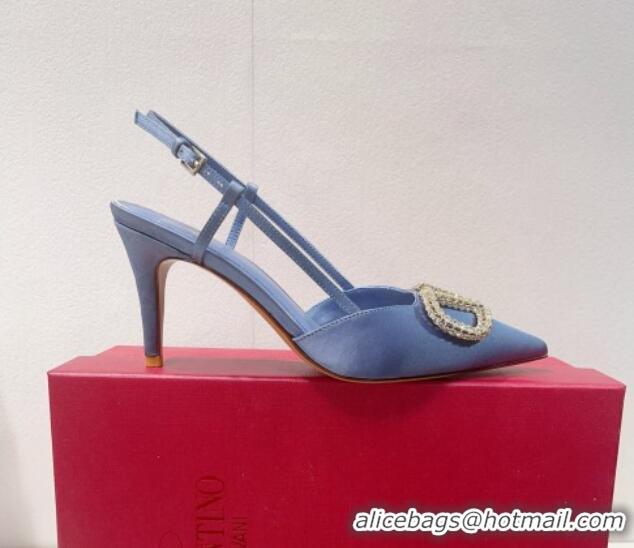 Classic Hot Valentino VLogo Silk Slingback Pumps 8cm Light Blue 112950