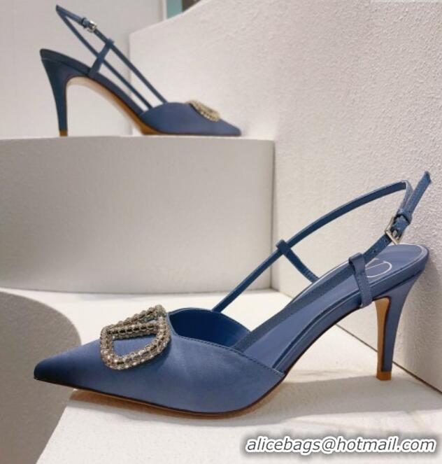 Classic Hot Valentino VLogo Silk Slingback Pumps 8cm Light Blue 112950