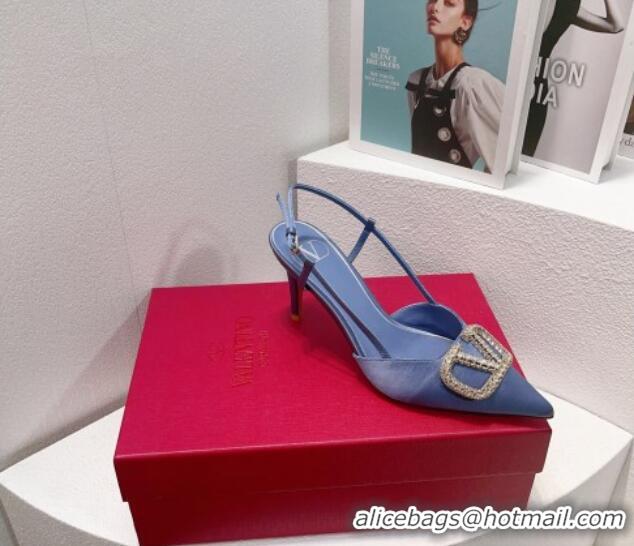 Classic Hot Valentino VLogo Silk Slingback Pumps 8cm Light Blue 112950