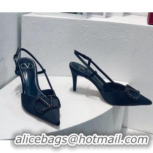 Top Design Valentino VLogo Silk Slingback Pumps 8cm All Black 112951