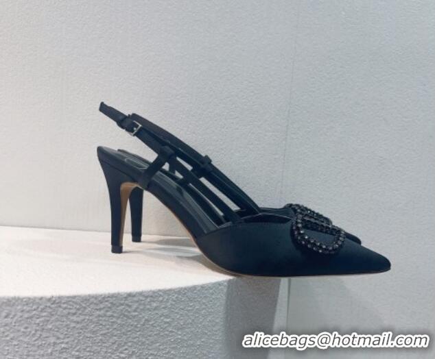 Top Design Valentino VLogo Silk Slingback Pumps 8cm All Black 112951