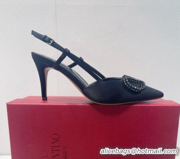 Top Design Valentino VLogo Silk Slingback Pumps 8cm All Black 112951