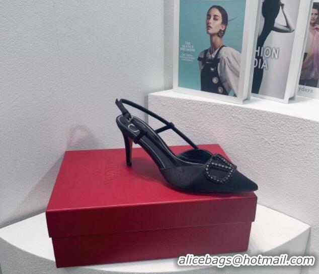 Top Design Valentino VLogo Silk Slingback Pumps 8cm All Black 112951