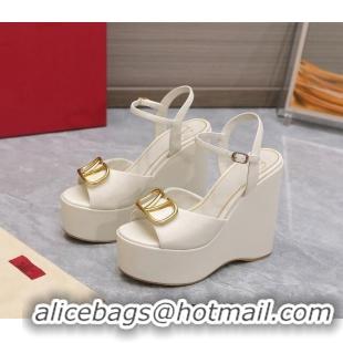 Lower Price Valentino VLogo Calfskin Platform Wedge Sandals 13cm White 112953