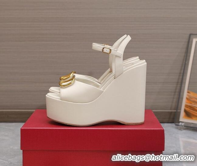 Lower Price Valentino VLogo Calfskin Platform Wedge Sandals 13cm White 112953