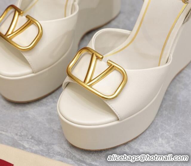 Lower Price Valentino VLogo Calfskin Platform Wedge Sandals 13cm White 112953