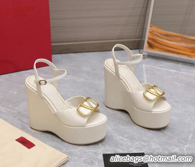 Lower Price Valentino VLogo Calfskin Platform Wedge Sandals 13cm White 112953