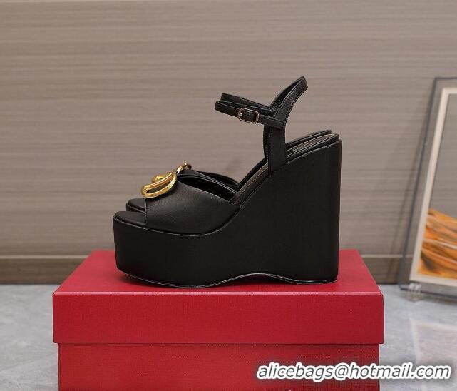 Good Product Valentino VLogo Calfskin Platform Wedge Sandals 13cm Black 112954