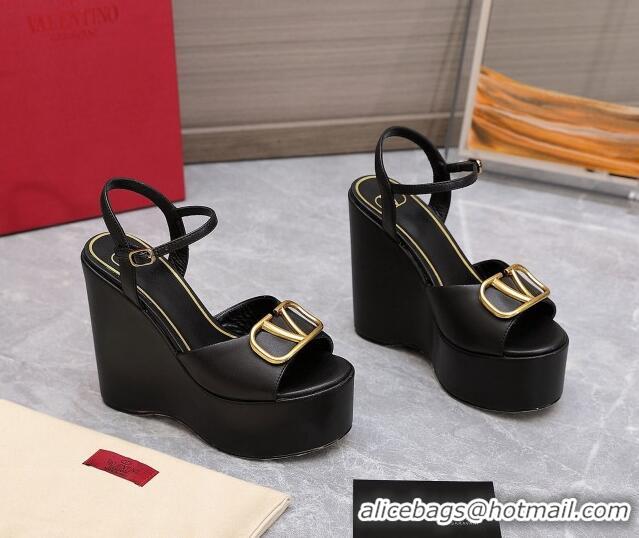 Good Product Valentino VLogo Calfskin Platform Wedge Sandals 13cm Black 112954