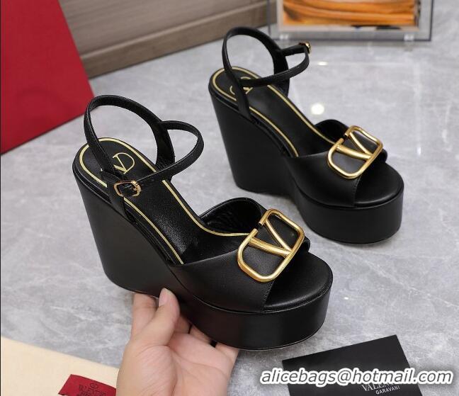 Good Product Valentino VLogo Calfskin Platform Wedge Sandals 13cm Black 112954