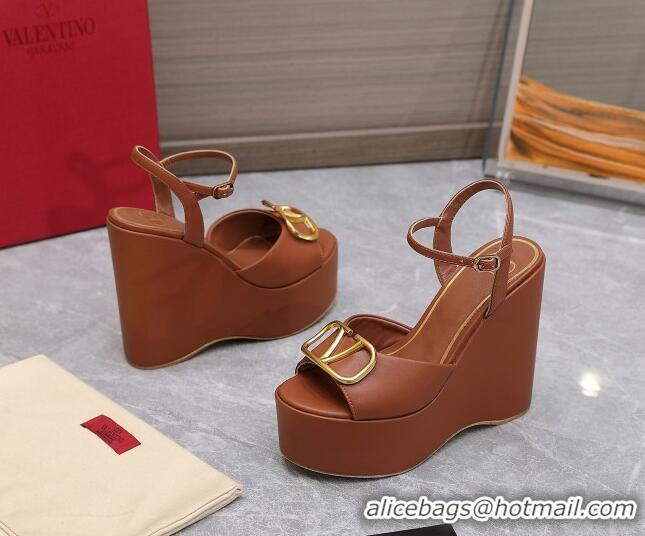 Shop Duplicate Valentino VLogo Calfskin Platform Wedge Sandals 13cm Brown 112955