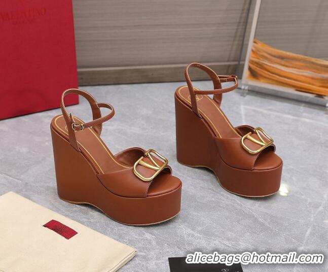 Shop Duplicate Valentino VLogo Calfskin Platform Wedge Sandals 13cm Brown 112955