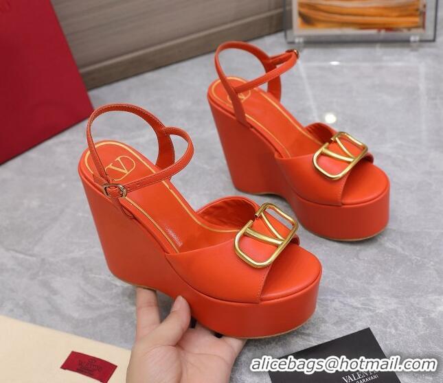 Trendy Design Valentino VLogo Calfskin Platform Wedge Sandals 13cm Orange 112956