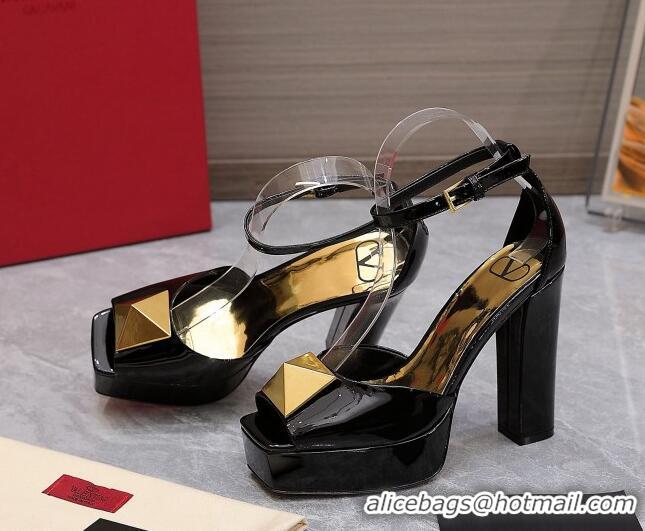 Popular Style Valentino One Stud Patent Leather High Heel Platform Sandals 13cm Black 112958 