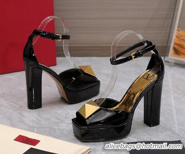 Popular Style Valentino One Stud Patent Leather High Heel Platform Sandals 13cm Black 112958 