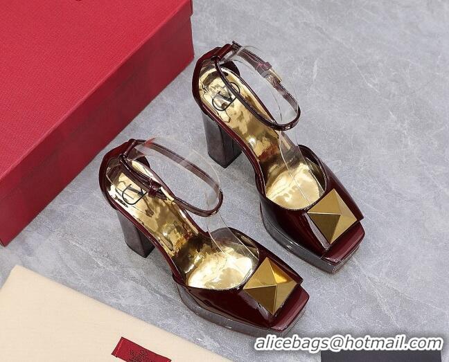 Top Grade Valentino One Stud Patent Leather High Heel Platform Sandals 13cm Burgundy 112959