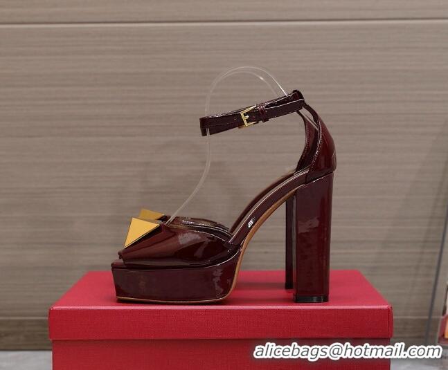 Top Grade Valentino One Stud Patent Leather High Heel Platform Sandals 13cm Burgundy 112959